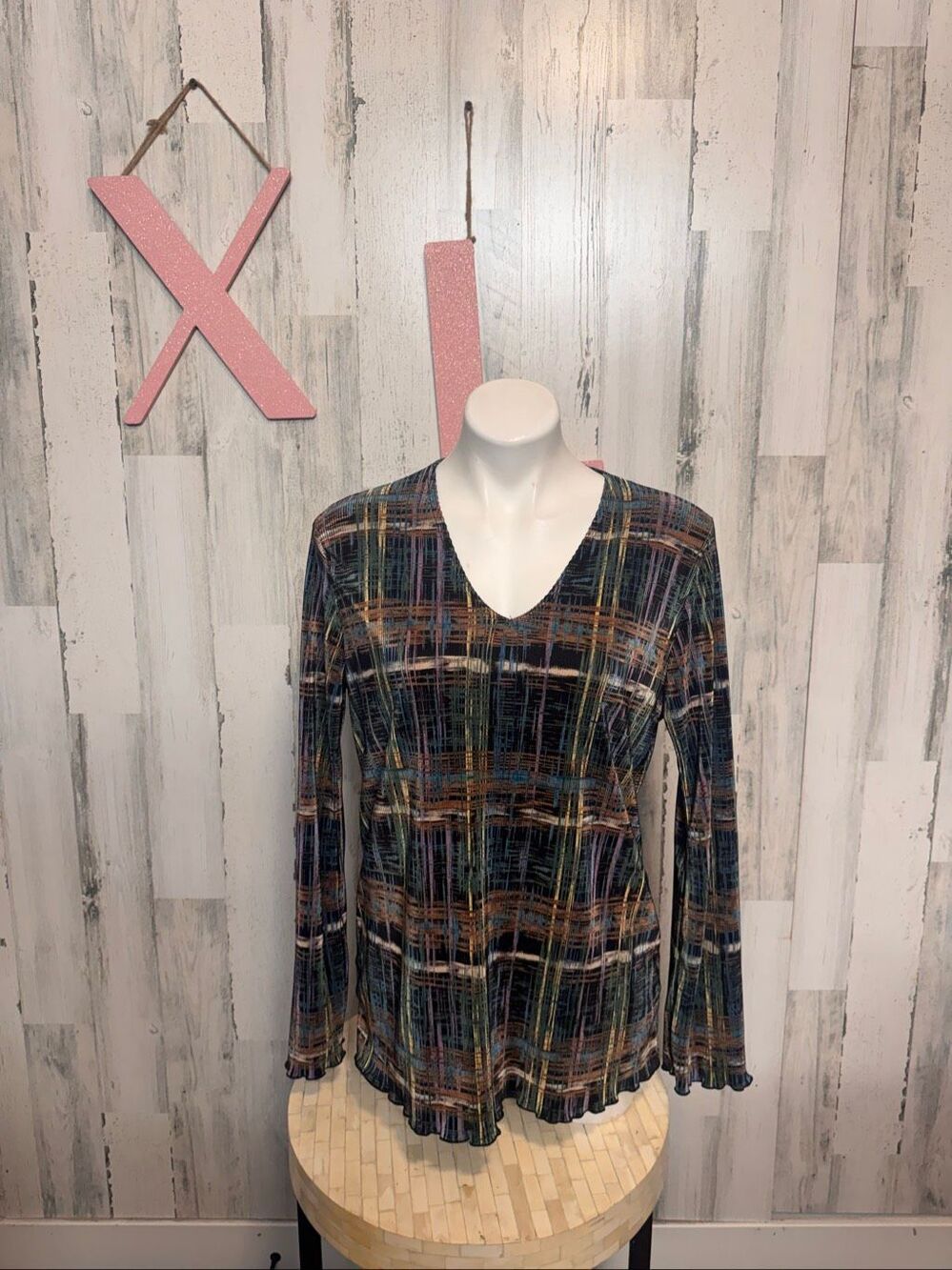 Vintage Plissé Micro Pleated Top Womens XL Multi Colorblock Plaid V-Neck Long Sl